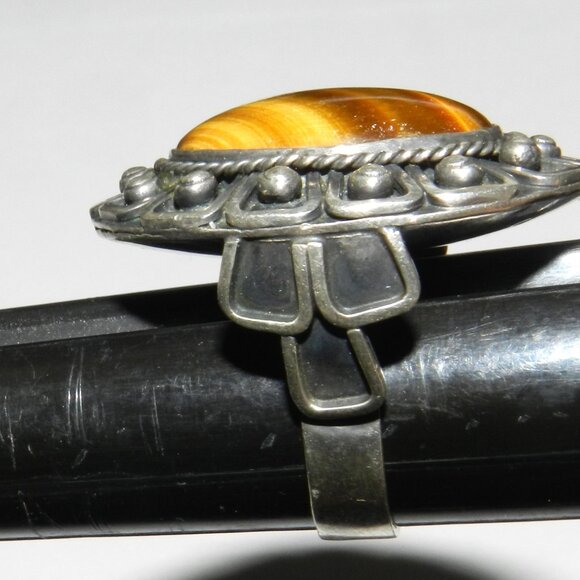 Vintage Taxco Mexico 925 Sterling Silver Tiger Eye Oval Ring Size 6.5 Rare!! - Picture 9 of 14